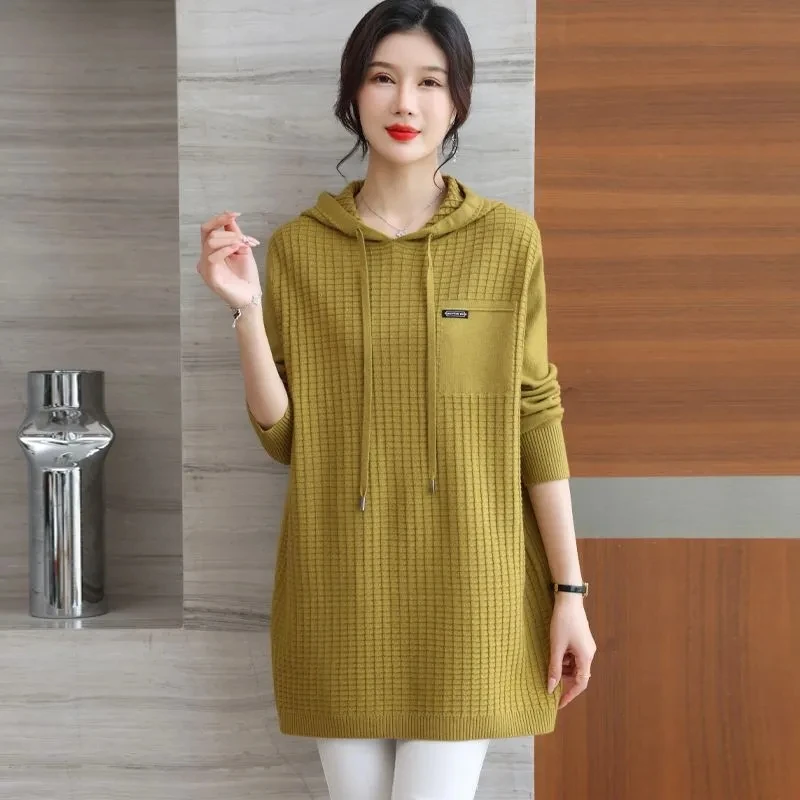 5XL Large Size Hooded Knitted Sweater 2024 NEW Women Spring Autumn Loose Long Pullover Sweater Female Knitwear Casual Knit Dress