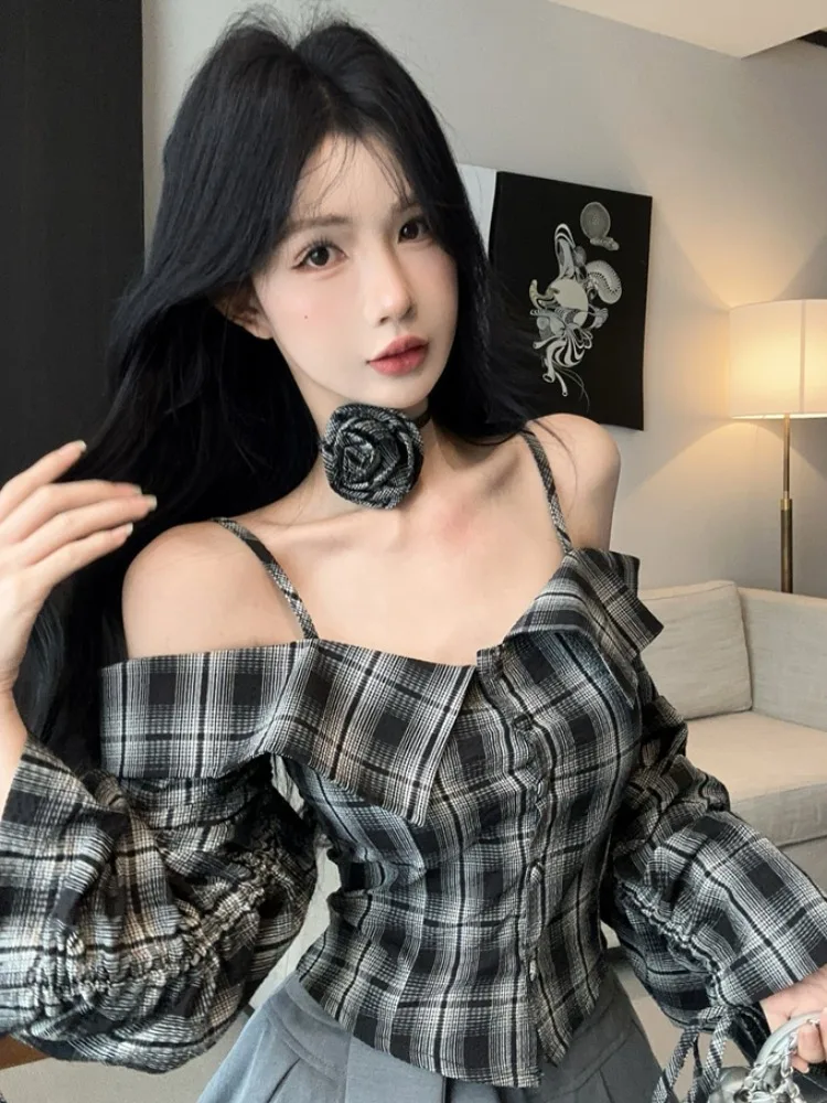 

Korean Style Girl Plaid off Shoulder Long Sleeve Shirt Women's Spring Summer New High Waist Belted Half Skirt Two Piece Set
