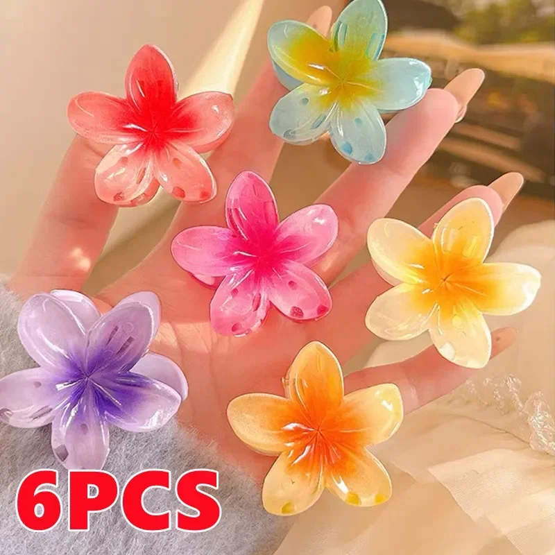 6Pcs Hawaiian Gradient Hair Clips Flower Hair Claws Small Size Fashion Headwear Hairpin Crab Barrette Hair Accessories for Women