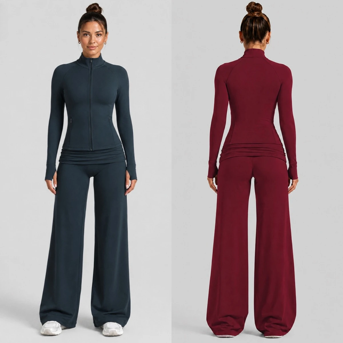 Women 2 Piece Yoga Set Zip Up Stand Collar Jacket Ruched Waist Wide Leg Flare Pants Fitness Pilates Sportswear workout clothes