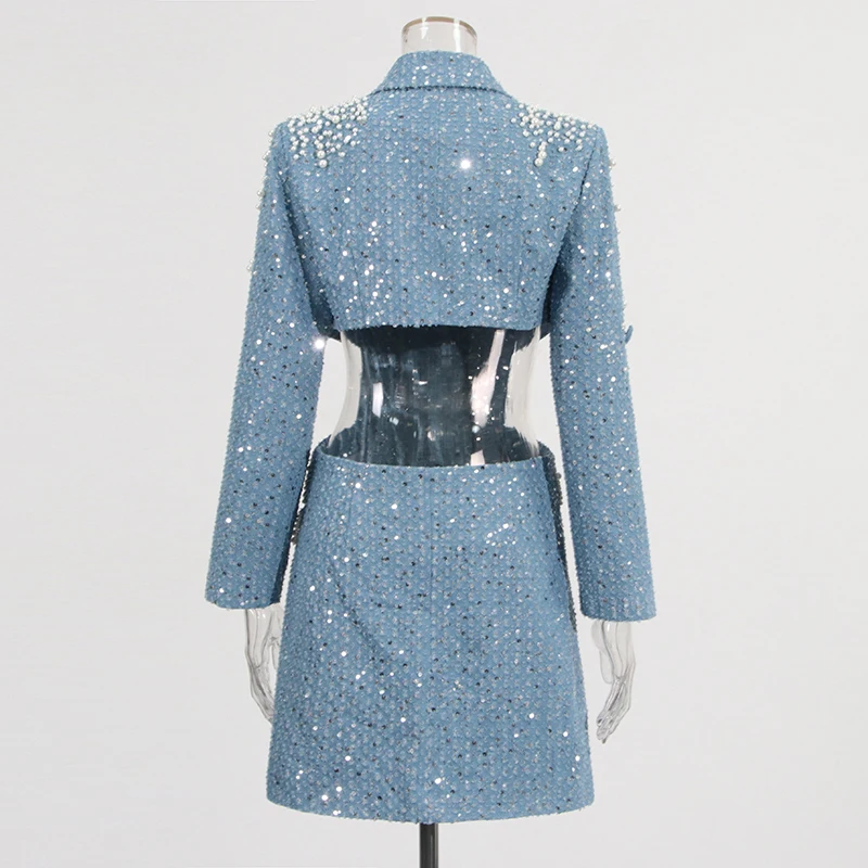 فستان نسائي مطرز بالترتر لؤلؤي فستان نسائي ربيعي بخصر طويل وأكمام طويلة فستان قصير أنيق للحفلات سترة ضيقة 2026