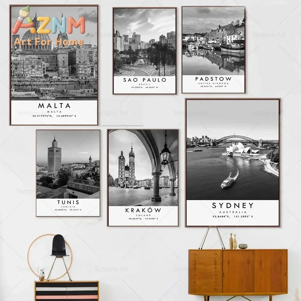 AZNM Black White World City Landscape Canvas Wall Art Malta Sao Paulo Sydney Krakow Tunis Padstow Travel Poster Home Decor Unfra