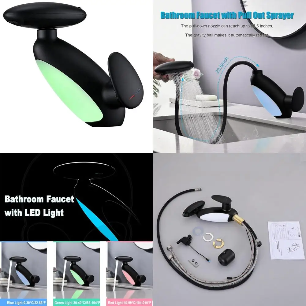 

Modern LED-Illuminated Bathroom Sink Faucet with 4-Mode Pull-Out Spray, 360° Swivel Spout