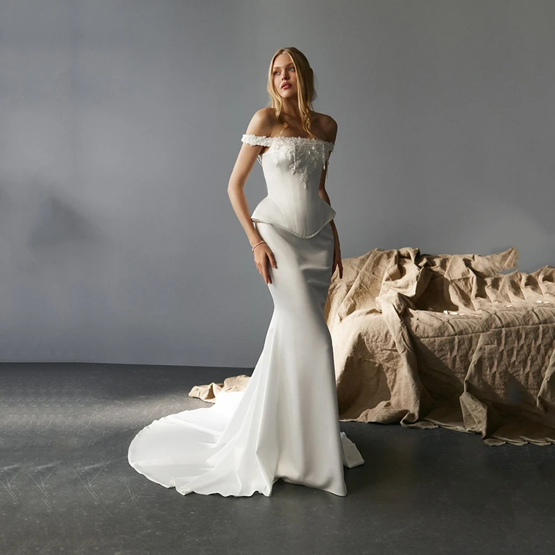 

Eightree Simple Mermaid Wedding Dresses Off The Shoulder Appliques Bridal Dress White Evening Wedding Ball Prom Gowns Customized