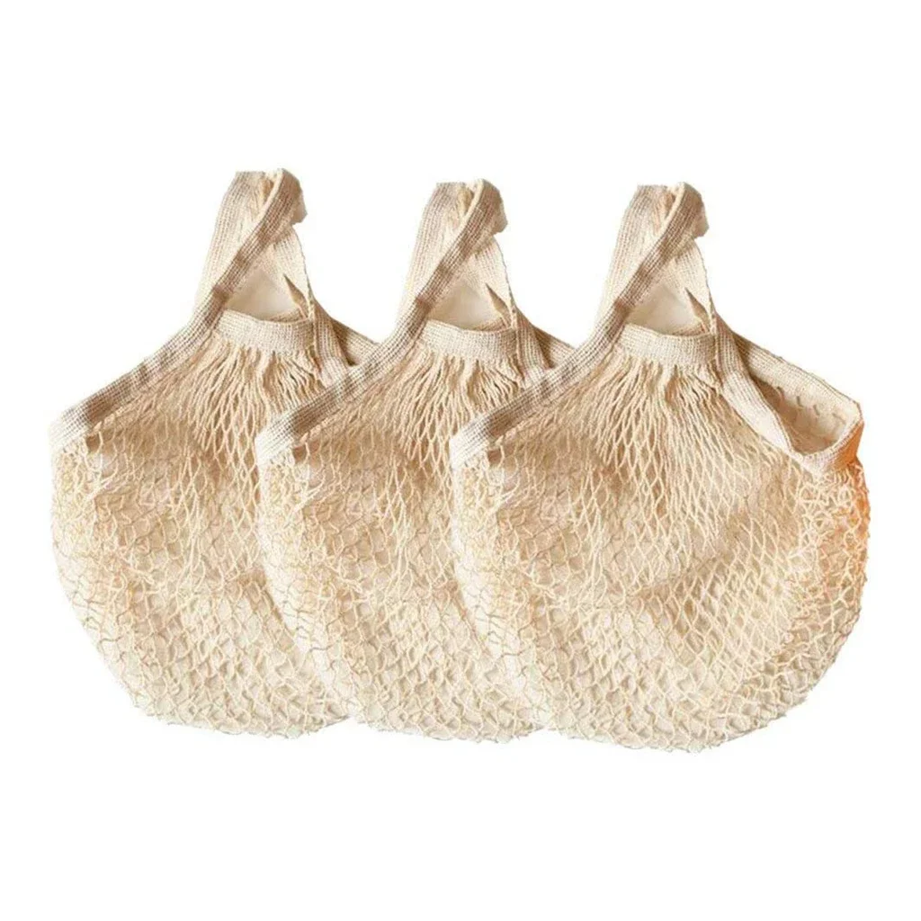 Beige 3 pc Portable cotton mesh bag shopping bag supermarket vegetable and fruit mesh bag shopping bag hollow woven bag