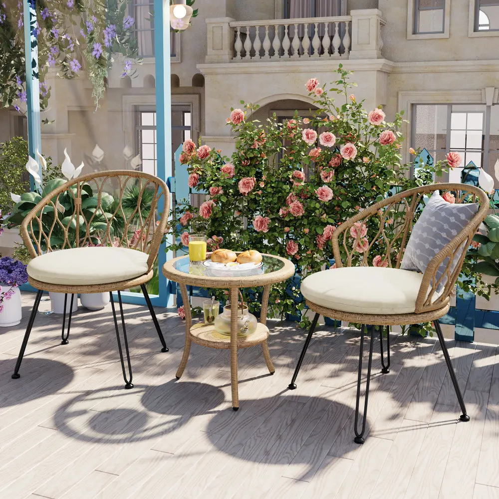 

Outdoor Leisure Set, 2 Rattan Single Chairs with A Glass Round Table outdoor patio furniture patio table and chairs Furniture