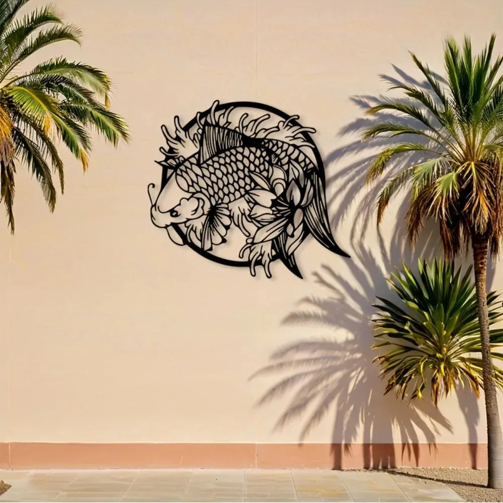 Black Iron Koi Fish Metal Wall Art 2D Lotus Pond Decor for Indoor Outdoor Zen Feng Shui Asian Home
