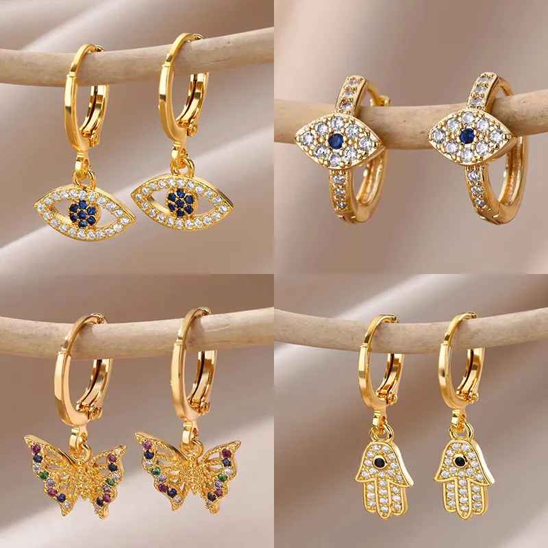 Nuevo en pendientes de circón contra el mal de ojo para mujer, pendiente de acero inoxidable de Color dorado, joyería Vintage estética para boda, regalo brincos