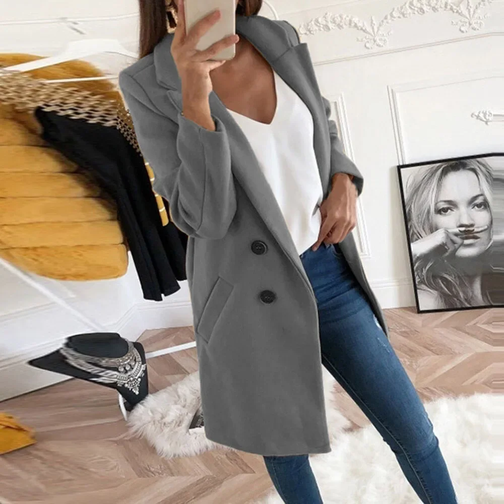 Spring and Autumn Winter Simple and Casual European and American Pure Color Medium To Long Button Long Sleeve Coat for Women