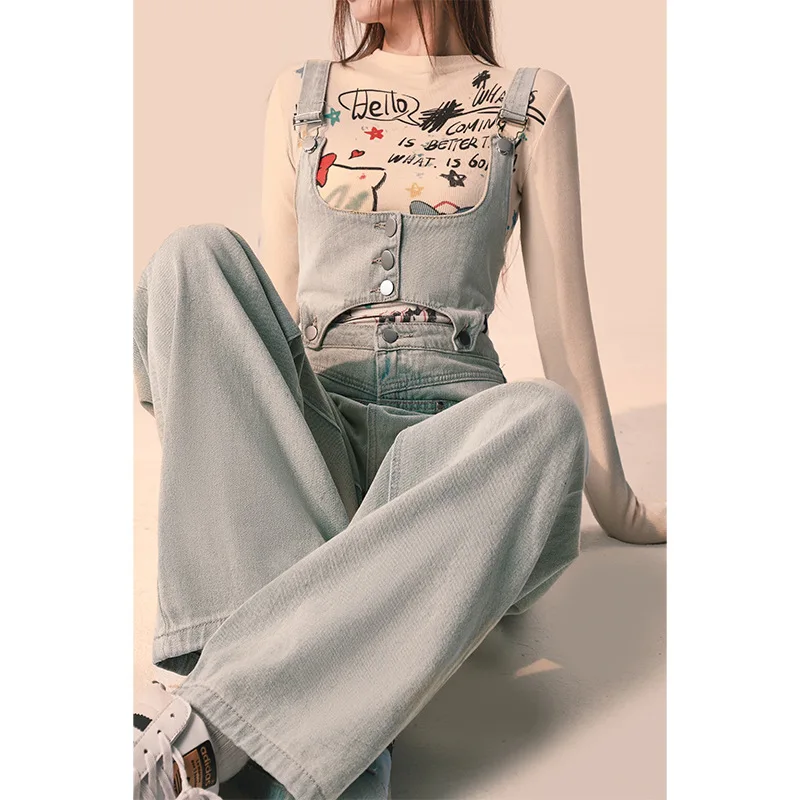 Detachable Light Colored Denim Overalls For Women's Spring And Autumn 2024 New Loose Wide Leg Long Pants