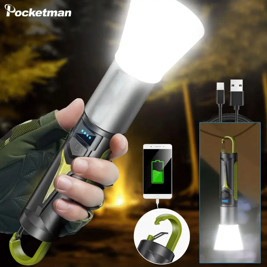 

Powerful LED Flashlight Rechargeable Telescopic Zoom Flashlights Portable Mini Camping Light Portable Torch with COB Side Lights