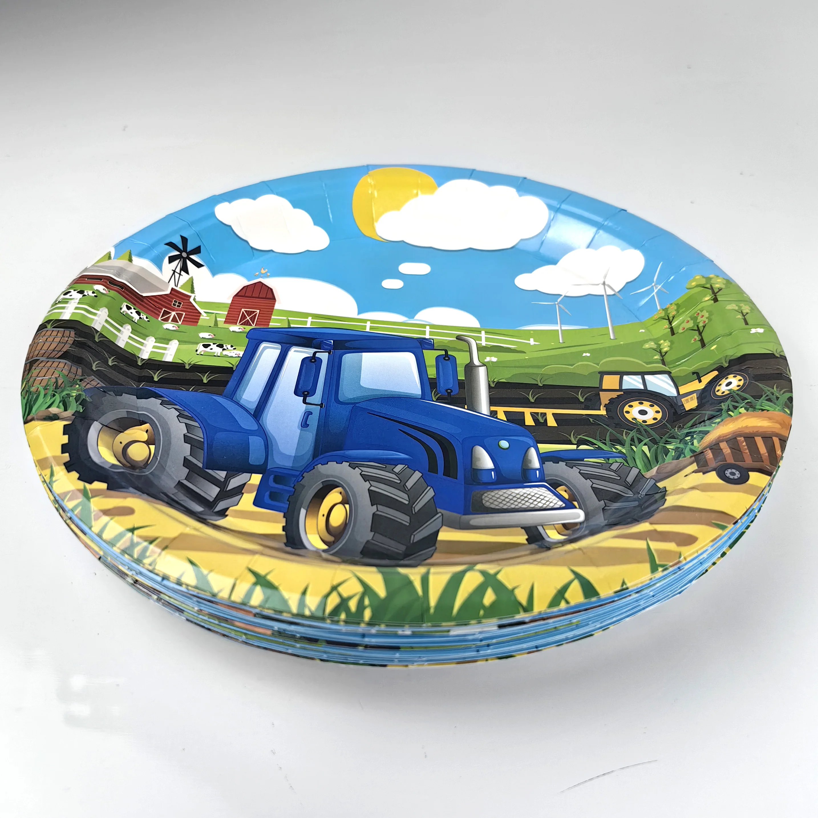 Cartoon Green Farm Tractor Disposable Tableware Plate Paper Cup Napkins Kids Boys Farm Theme Birthday Party Decor Supplies