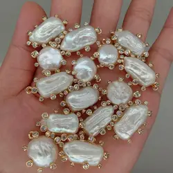Wholesale 5 PCS Cultured White Biwa Coin Pearl Cz Double Ring Connector For Jewelry Making