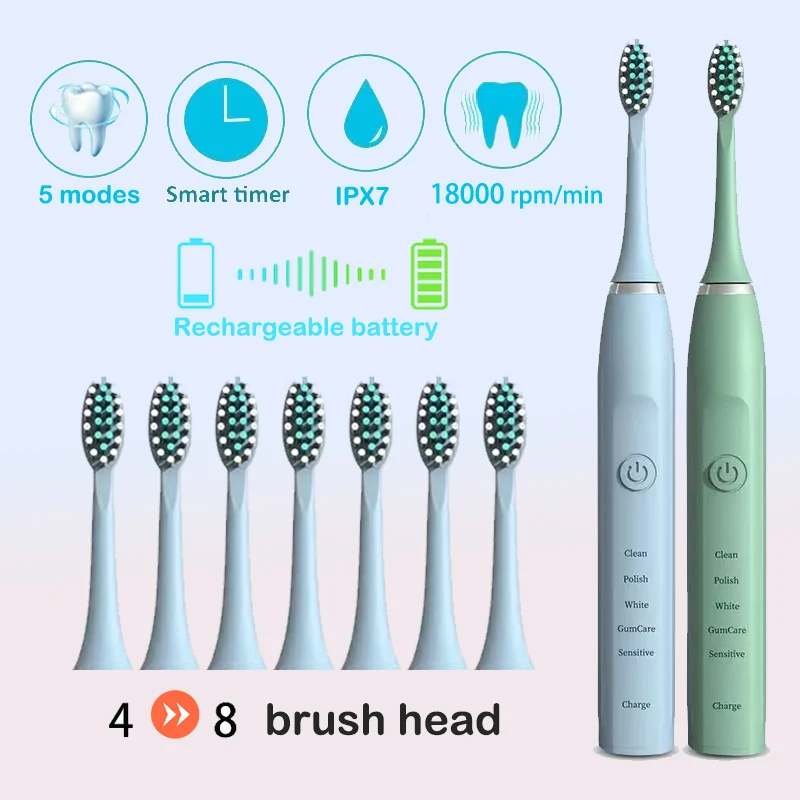 USB Type Adults Timer Sonic Electric Toothbrush Teeth Ultrasonic Automatic Vibrator Whitening IPX7 Waterproof Clean Brush Head