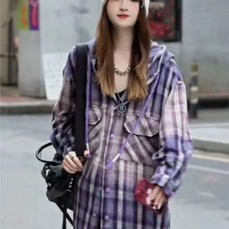 

New Long Sleeve Design Sense Niche Mid-Length Loose Washed-out Plaid Shirt Coat Women