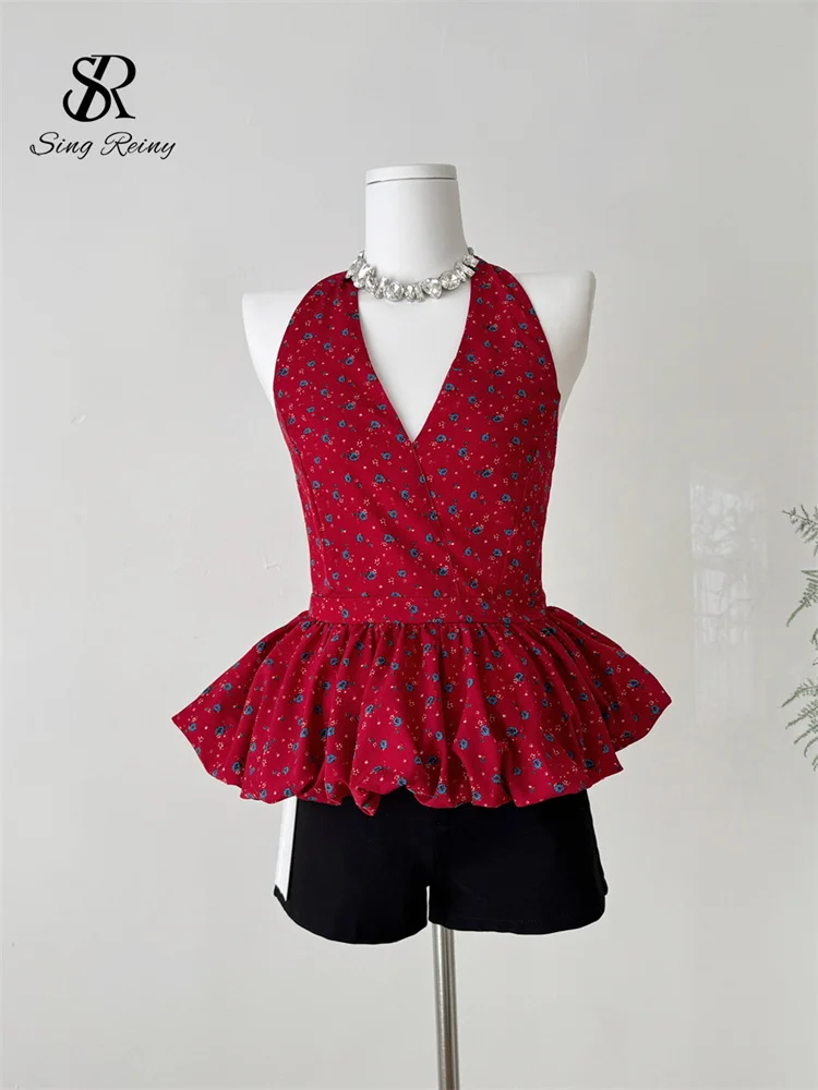 

SINGREINY Deep V Bandage Halter Tops Summer Floral Print Backless Skinny Ruffles Design Women Hotsweet Vacation Beachwear Tank