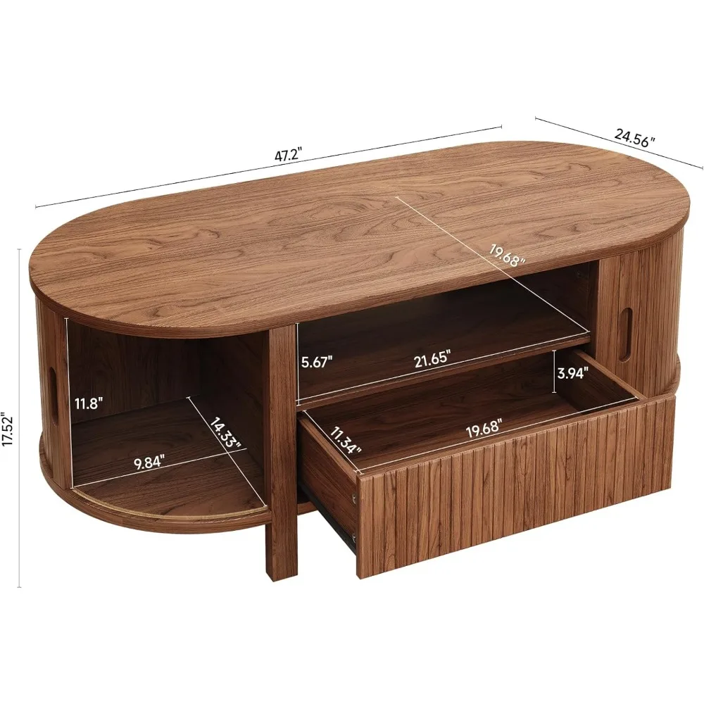 طاولة قهوة حديثة بتخزين بيضاوية 47.2 من منتصف القرن مع درج وباب منزلق