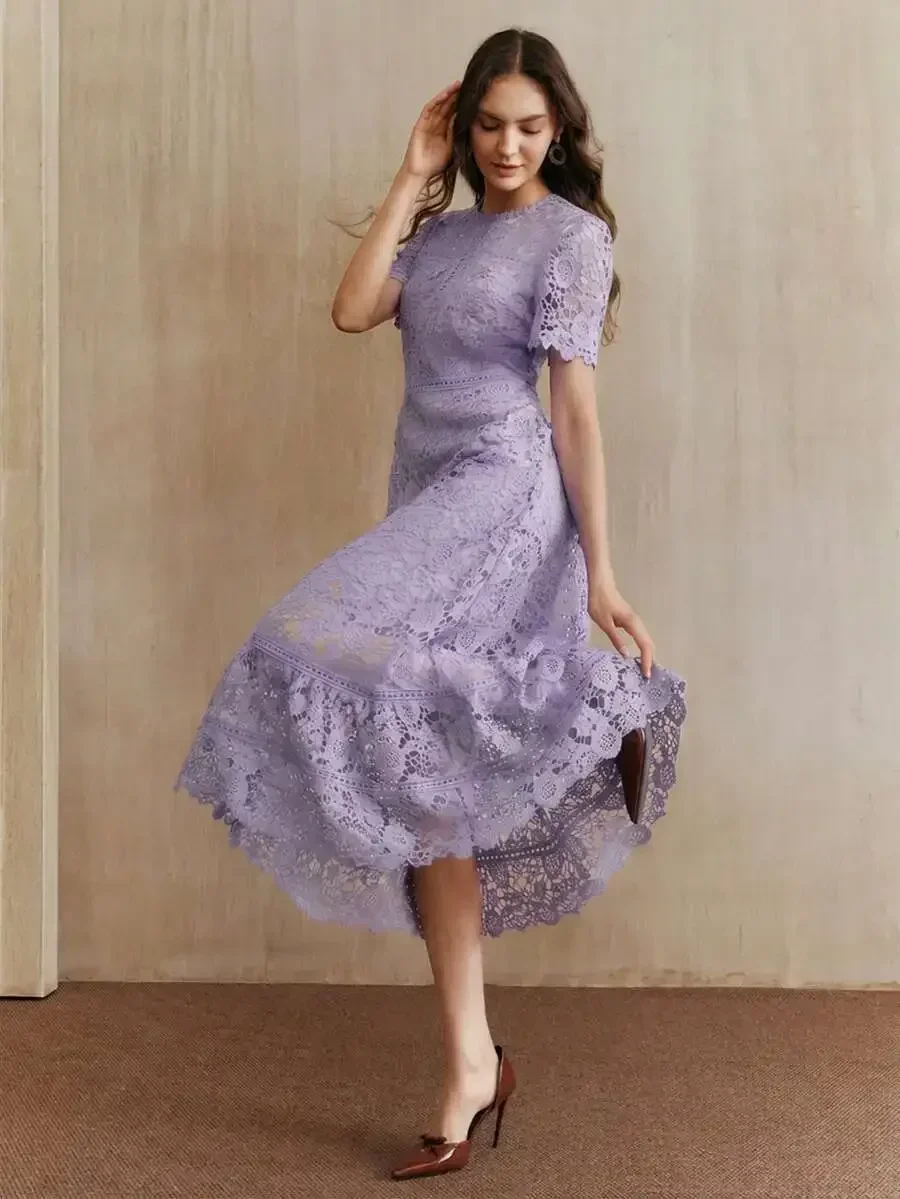 

Lavender Lace Midi Dress With Short Sleeves, Asymmetrical Tiered Ruffle Hem And Intricate Patchwork Detail