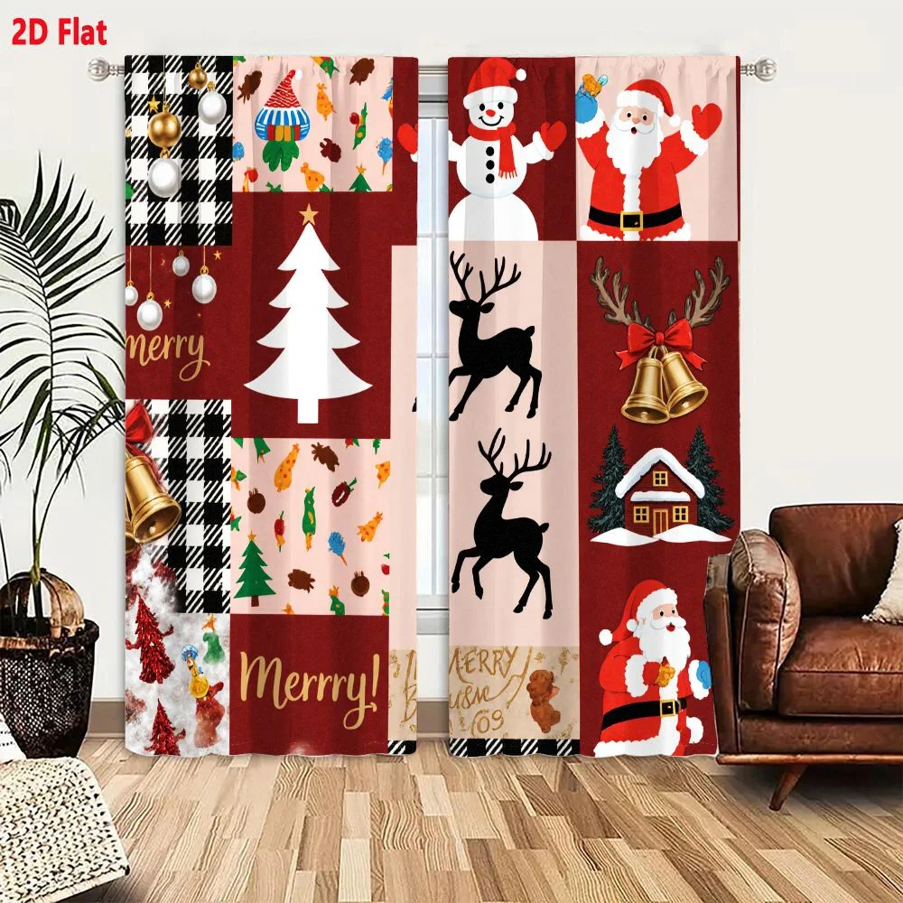 2Pcs Curtains 2D Flat Festive Christmas Collage Design With Santa Reindeer Trees Bells Houses And Merry Greetings Window Drapes