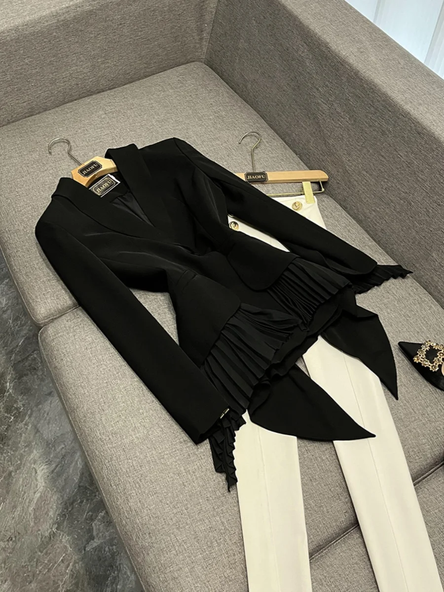 

Ele Design Sense Women's Suiting Jaet High-End Feelment Asymmetrical Hem Pleated Detail Commute Sle Long Sve