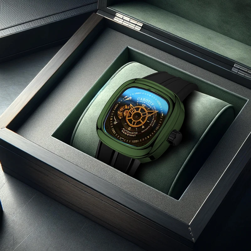 

A men's black and green modern sporty square strap mechanical watch