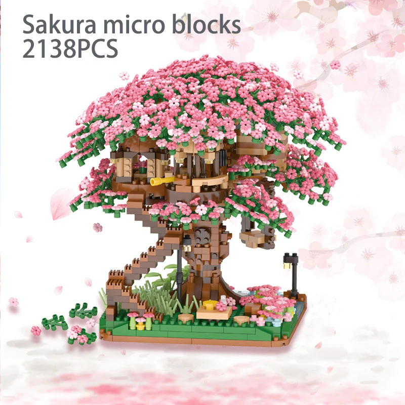 Light Sakura Tree House Model Constructor Micro Building Blocks DIY City Cherry Street View Bricks Christmas Toys for Girls MOC