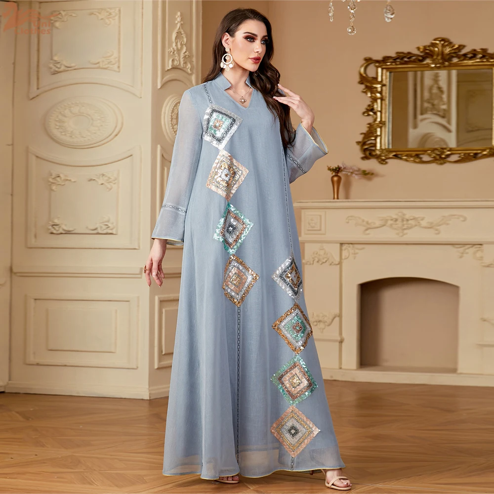 Sequins Embroidered Long Dress Women Summer Elegant Casual Loose Cotton Linen Maxi Dress Holiday Party Muslim Arab Abaya