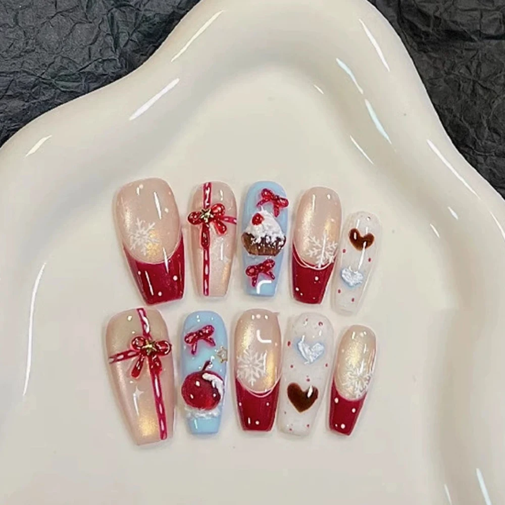 10pcs Handmade Christmas Press On Nails Wreath Bowknots Apple Snowflake Decor False Nails Red French Style Fake Nail For Women