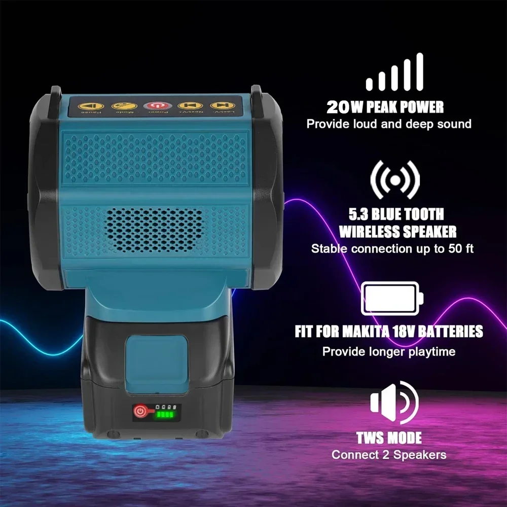 Portable Bluetooth Speaker with USB/Type-C Port Cordless Small Speaker for Jobsites Home and Party for Makita 18V Battery