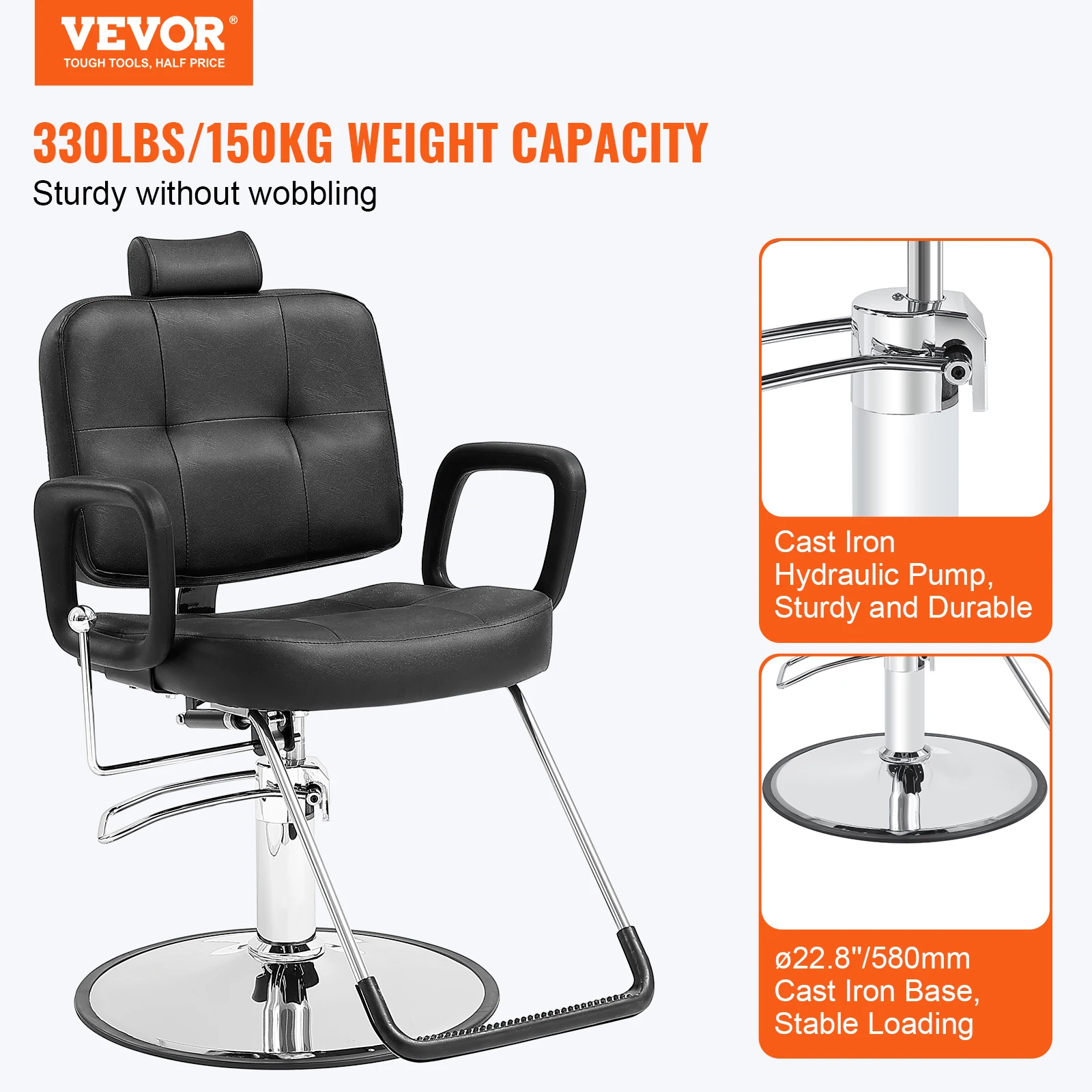 VEVOR Chaise de Coiffeur Inclinable 90°-125° Fauteuil de Salon Coiffure Hydraulique Pivotant 360° 150 kg Hauteur Réglable 1080-1230 mm Siège Barbier pour Salon Professionnel, Shampoing, Beauté, Noir