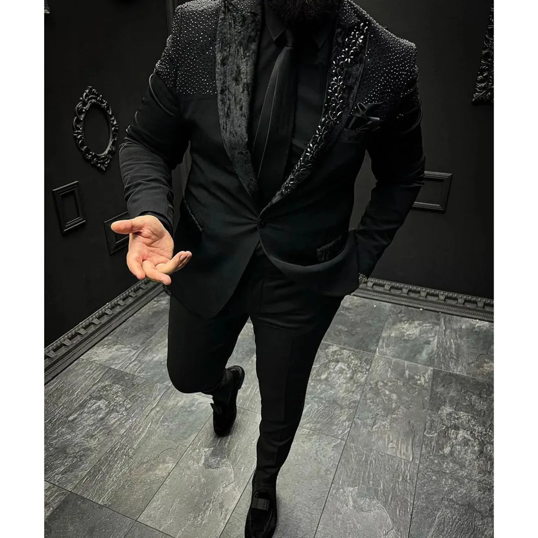 Men Suits Tailor-Made 2 Pieces Blazer Pants One Button Sheer Lapel Velvet Beaded Appliques Business Wedding Plus Size Tailored