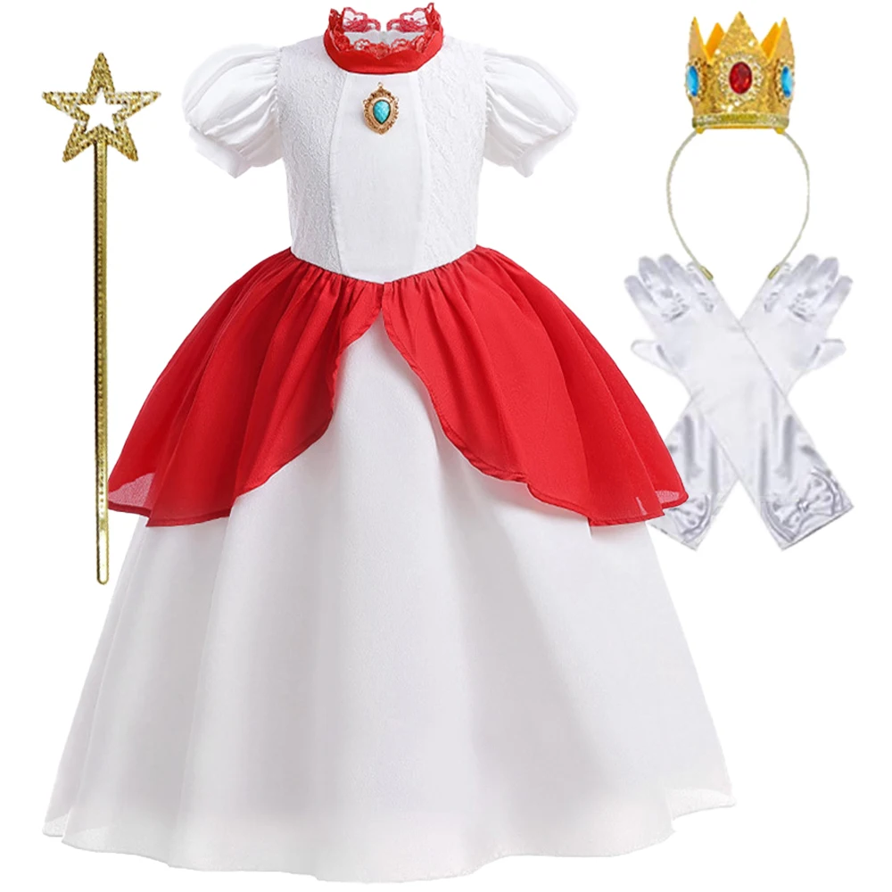 Girls Queen Peach Princess Dresses Cosplay Costume Cartoon Movie Birthday Party Outfits Carnival Stage Performance Kids Clothing