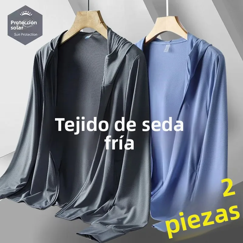 Ropa de protección UV de malla de seda helada para hombre, abrigo transpirable y a la moda para pesca al aire libre en verano