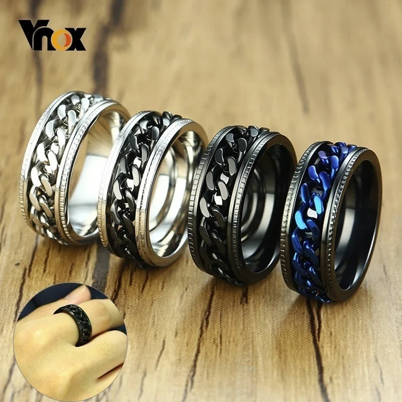 Vnox Stylish Mens Spinner Rings 8MM Stainless Steel Intertwine Rings for Men Center Chain Anel Alliance Black/Blue Color