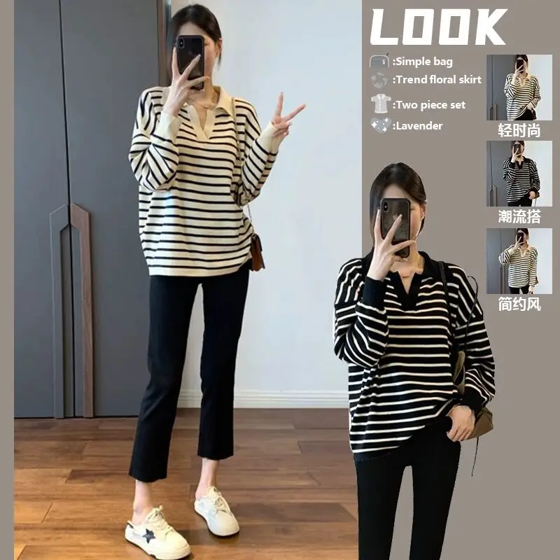 2921# Autumn Fashion Striped Knitted Maternity Sweaters Tops Belly Pants Sets Casual Loose Clothes for Pregnant Women Pregnancy