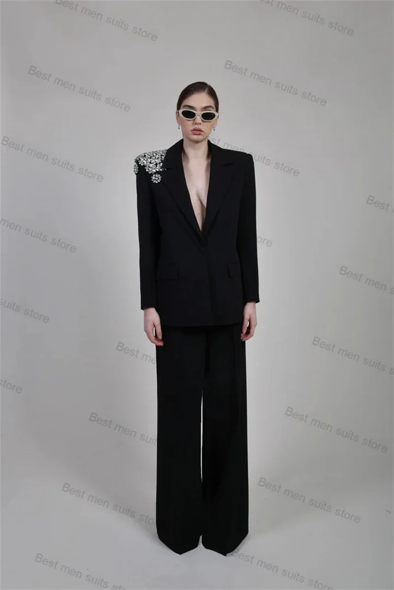 

Black Crystals Women Suit Pants Set Blazer+Wide Leg Pants 2 Piece Wedding Tuxedo Party Jacket Tailored Formal Office Lady Coat