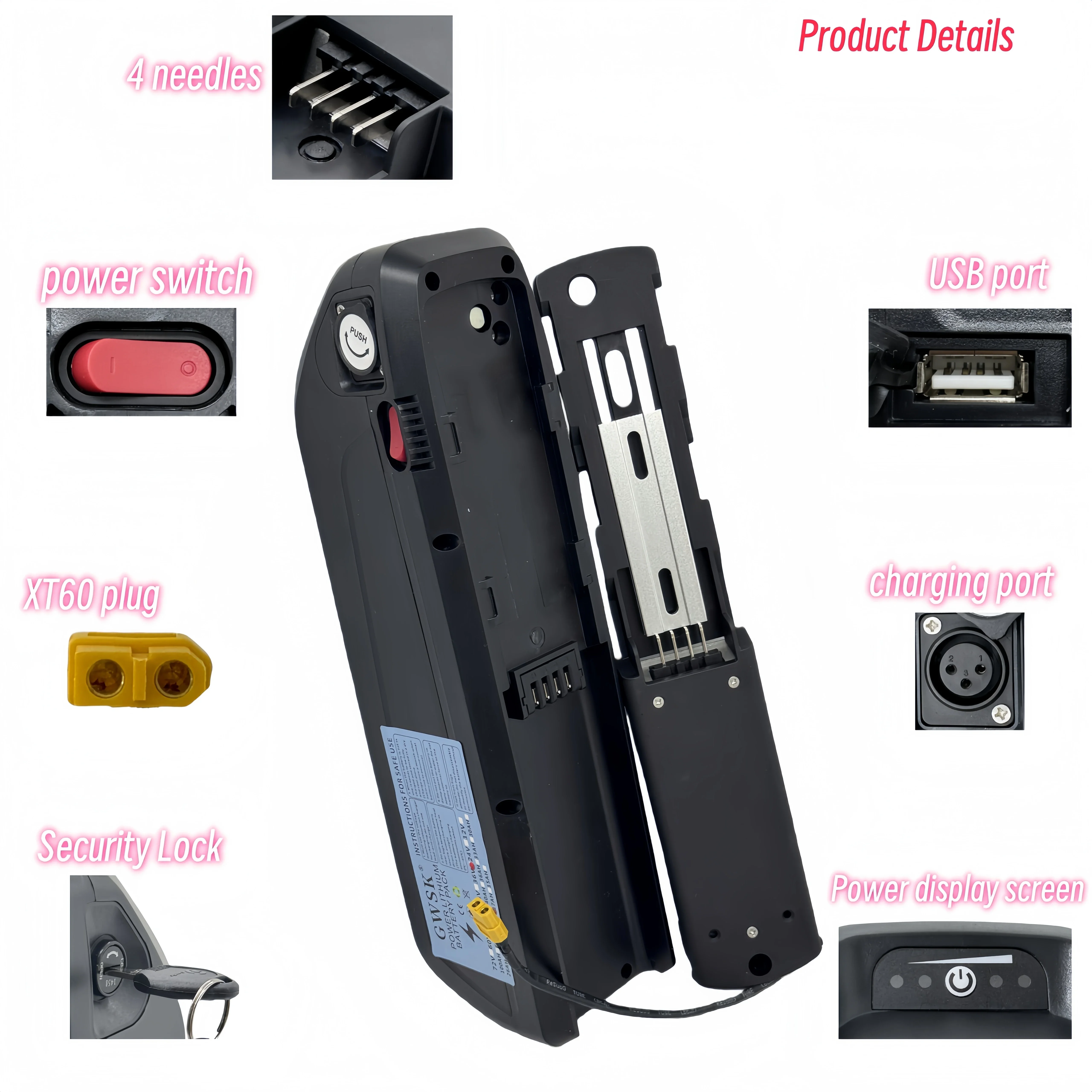 

18650 Hailong 4-pin battery, 36V 48V17AH-20AH full capacity lithium battery pack, suitable for 250-2000W power assisted vehicles