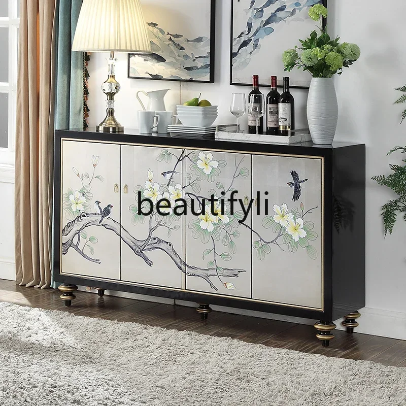 N178 G Light luxury painted entrance shoe cabinet high sense living room solid wood flower and bird art dining side cabinet