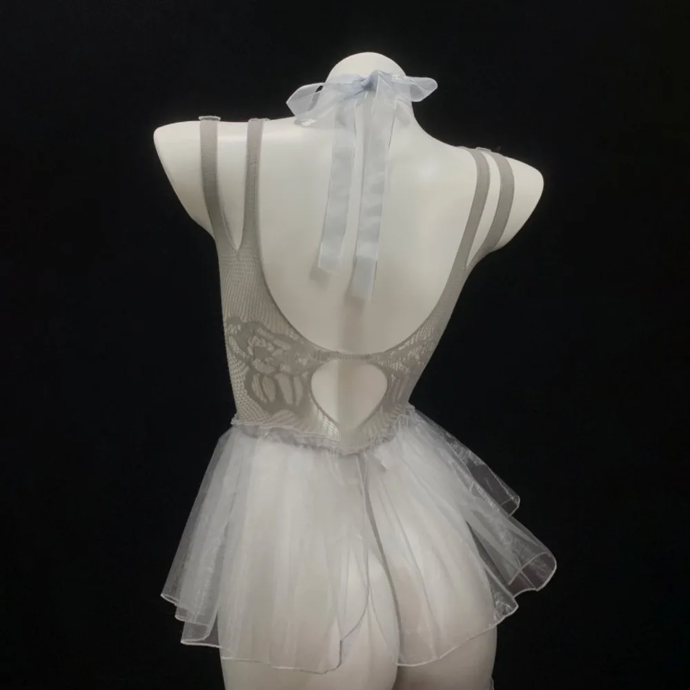 

With Wearing Stockings Sexy Clothing Lace Skirt Mesh Transparent Bow Deep V Lace Skirt Nightgown Sleeveless Sexy Lingerie Dress