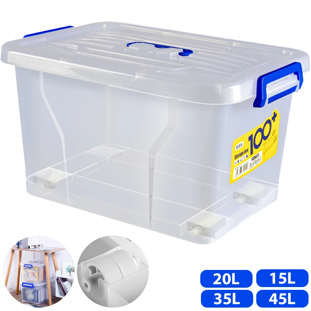 Scatola portaoggetti da 2 pezzi 45L 35L 20L 15L Custodia con ruote Scatola di plastica trasparente