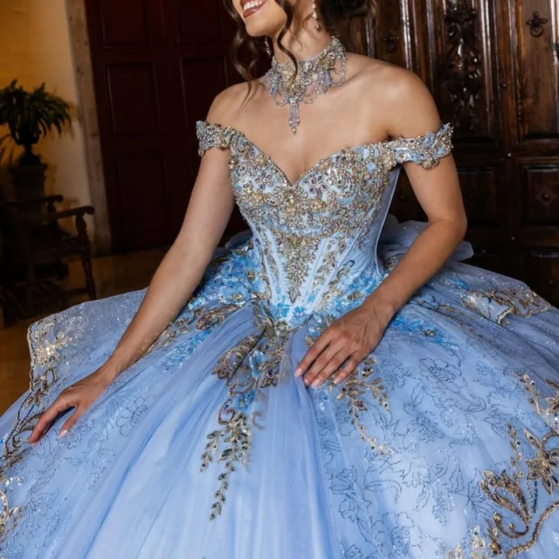 

Shiny Blue Quinceanera Dress off-shoulder crystal glitter flower decal Long tail Bow vestidos de 15 Quinceanera ﻿Customize