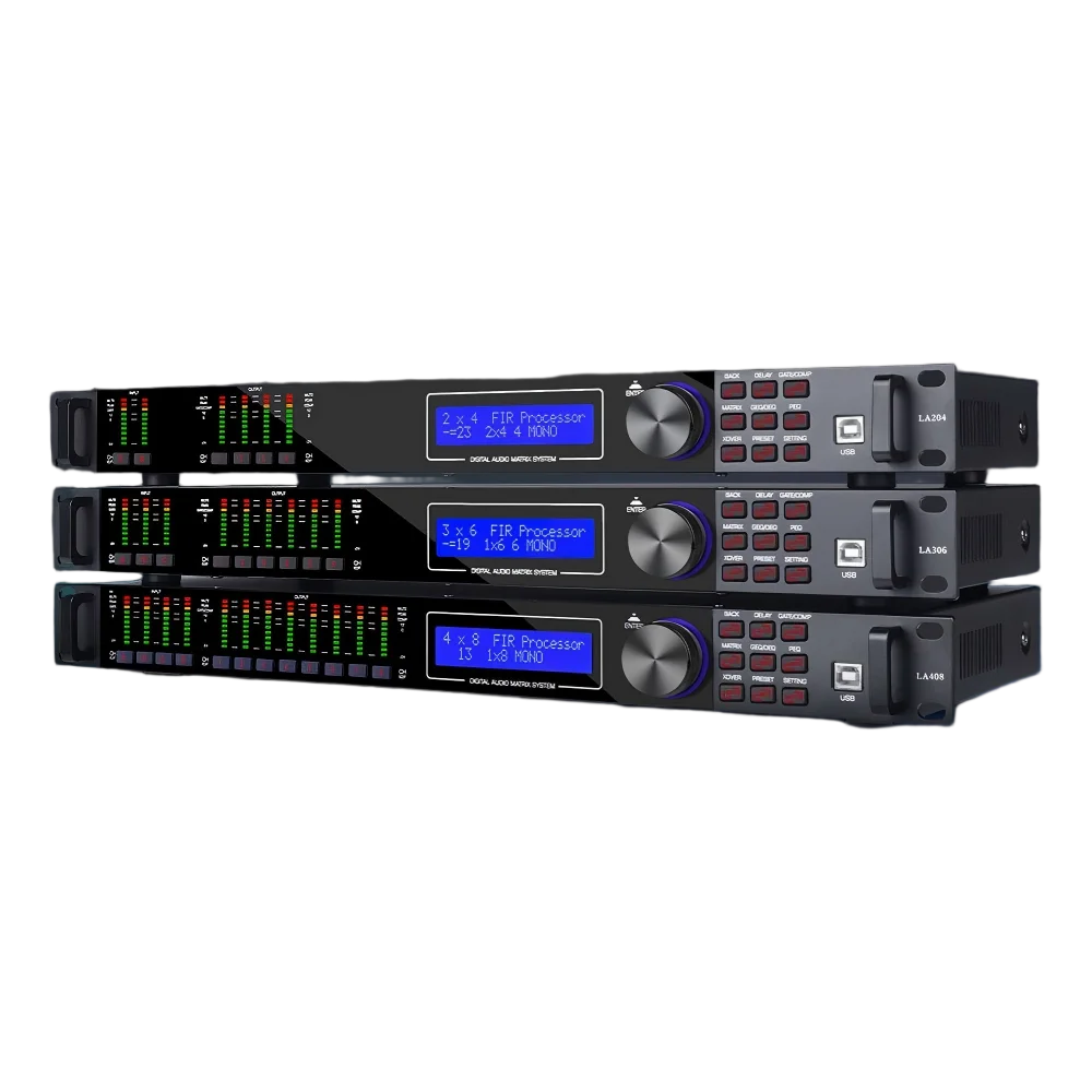 

LA Series DSP Digital Audio Processor with 5/31/15 band EQ, FIR, and compressor; USB/IP control; 30 signal generator.