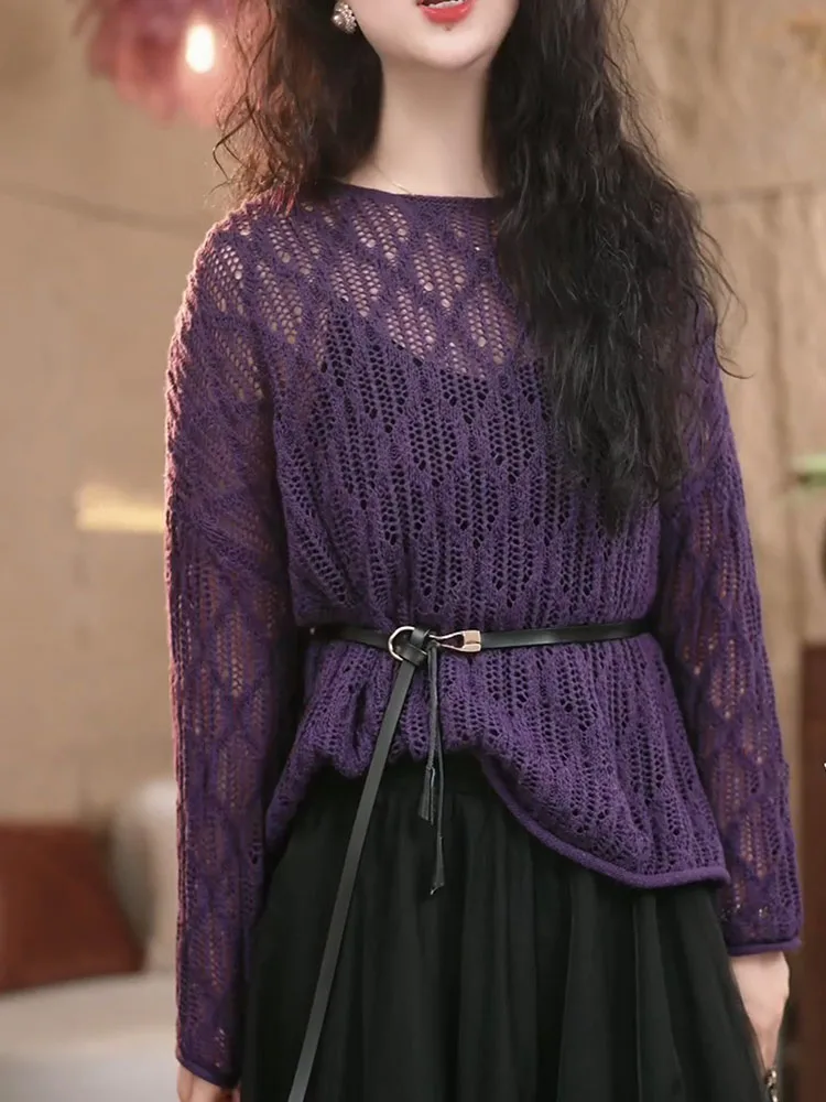 

Корейский женский трикотажный топ больших размеров с круглым вырезом, фиолетовый, с вырезами, осенняя новинка, универсальный, свободного кроя, с длинными рукавами