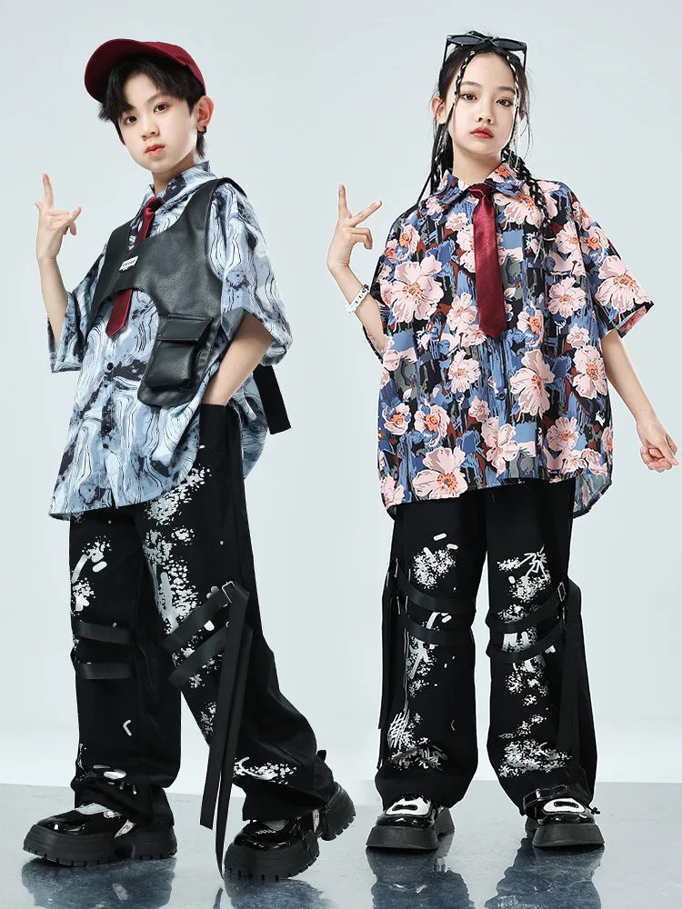 Kid Hip Hop Clothing Vintage Floral Shirt Vest Top Black Print Casual Straps Baggy Pants for Girl Boy Jazz Dance Costume Clothes