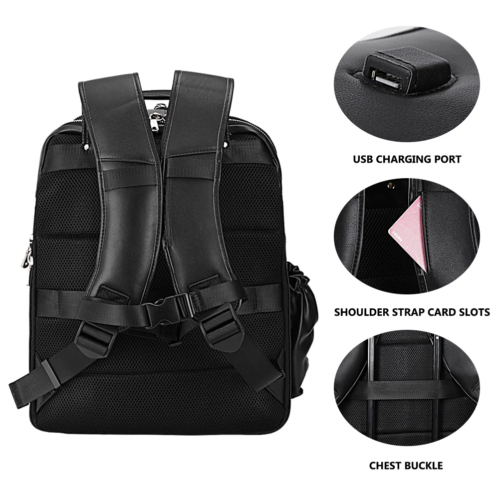 New Design Large Capacity Full Grain Cowhide Leather Black Genuine Leather Fishing Chair Backpack Bag