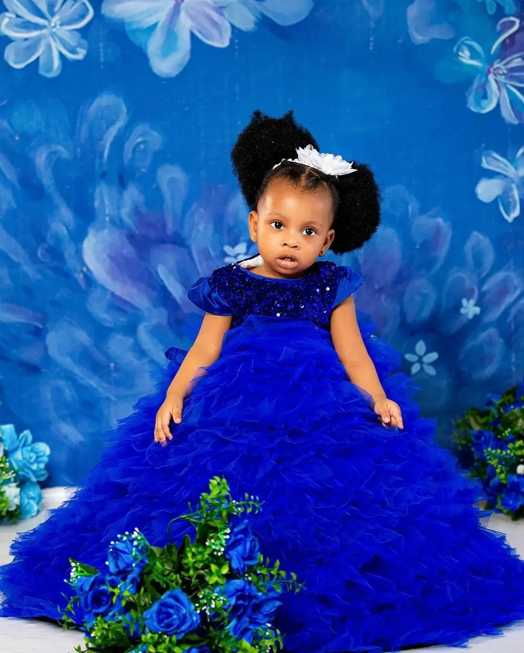 Vestido de menina flor em camadas azul real para casamento sem mangas tule até o chão bebê aniversário noite primeira comunhão vestido de baile