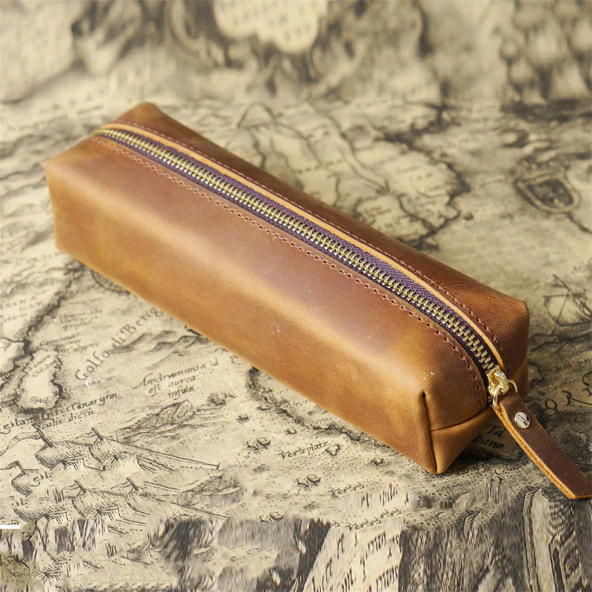 Handmade Genuine Leather Zipper Pen Bag Retro Neutral Large Capacity Pencil Case School Stationery Wholesale