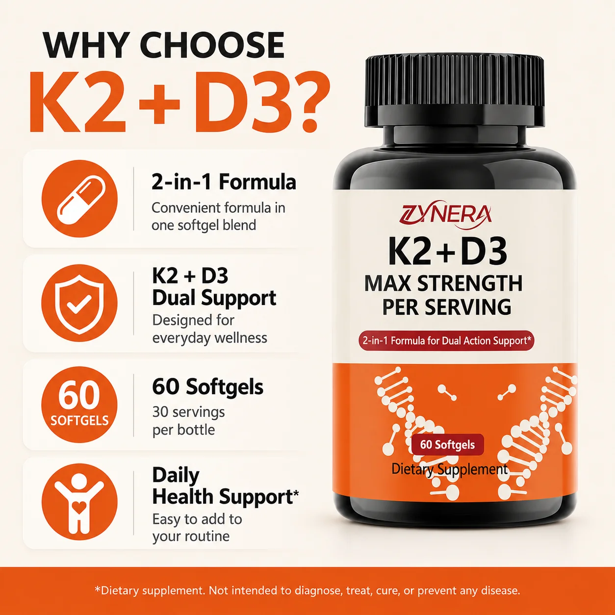 ZYNERA K2 D3 Max Strength 60 Softgels Vitamin K2 D3 Daily Dietary Supplement