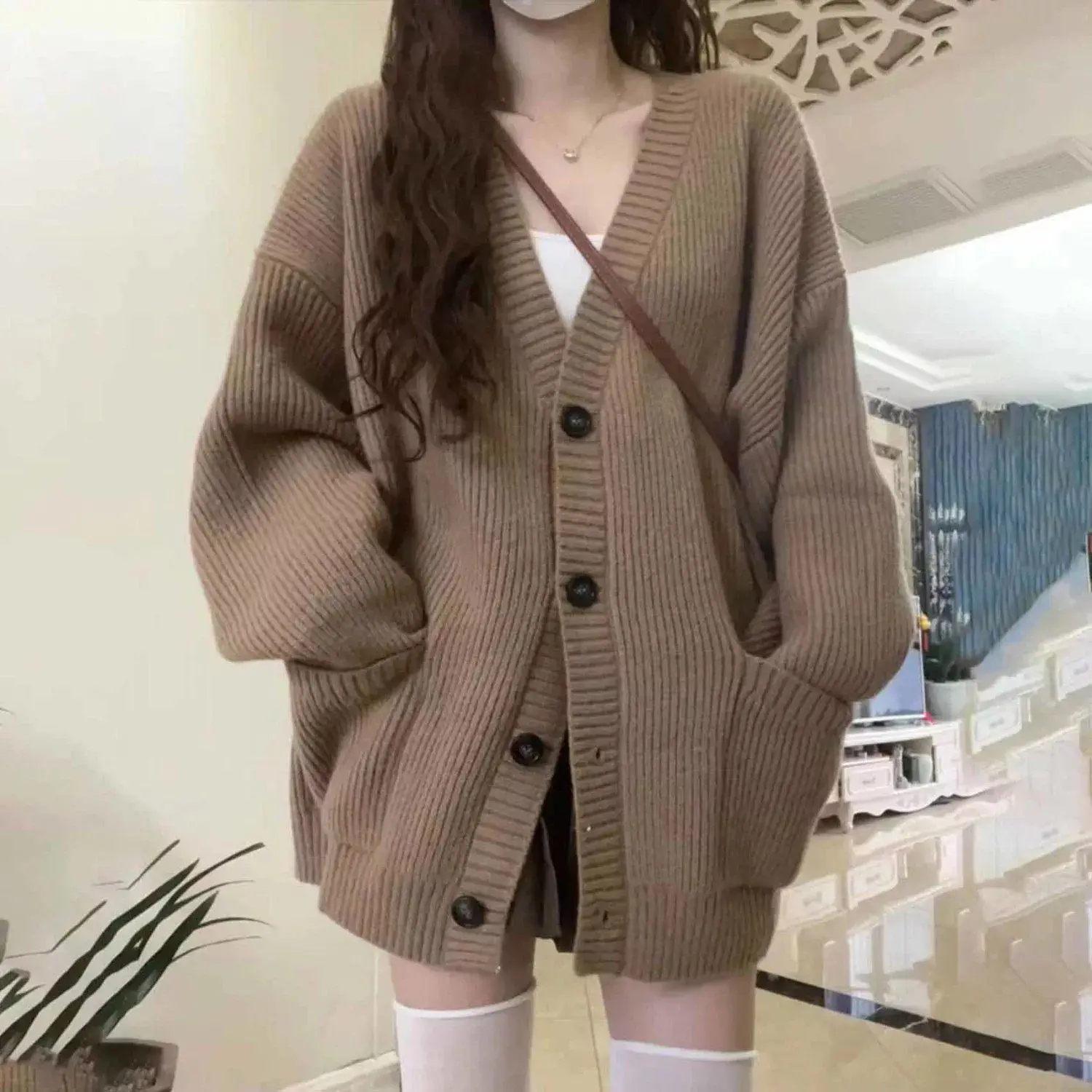 

Sweet Lazy V-Ne Sweater Coat Women's Loose Long Knitted irt Ci Walk Coolmax Fiber Nine Points Sve Non-Hat Winter Sle