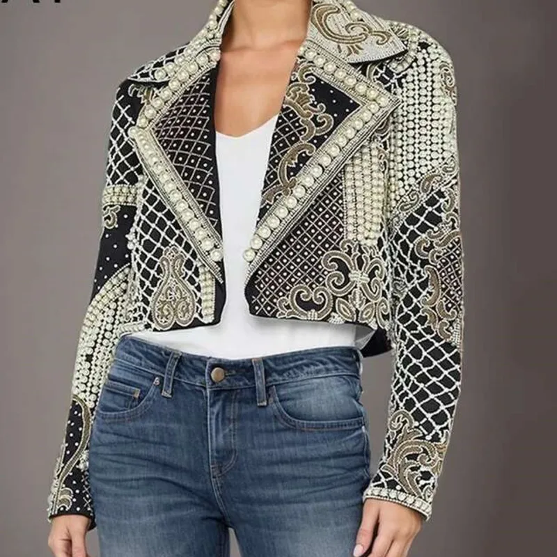 Fashion Heavy Industry Embroidery Nail Bead Inlaid Diamond Short Jacket Women's Lapel Long Sleeves Jackets New 7A3UH1